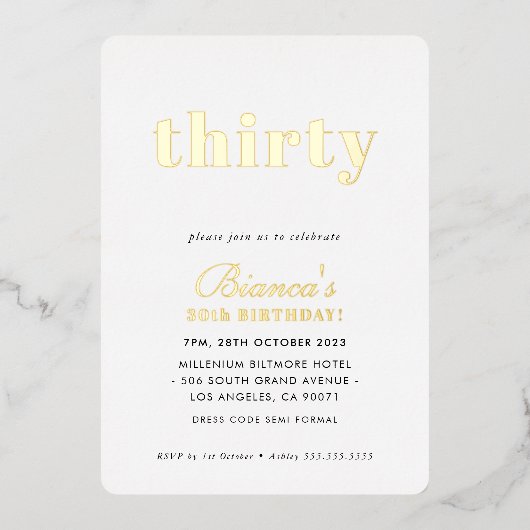 モダンミニマルシンプルシック30歳の誕生日金ゴールド 箔招待状 (正面)