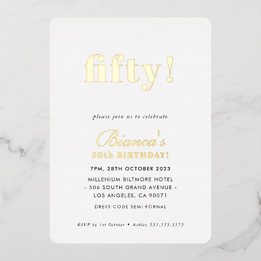モダンミニマルシンプルシック50歳金ゴールド 箔招待状 (正面)