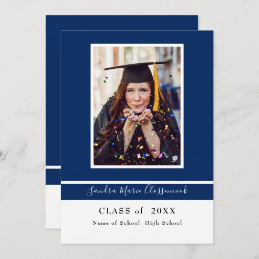 モダンミニマルシンプルブルーホワイト卒業式Annou 案内状 (正面/裏面)