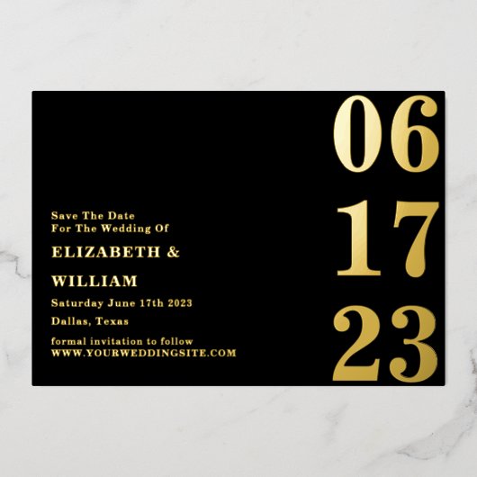 モダンミニマルシンプル黒と金ゴールド保存日付 箔招待状 (正面)