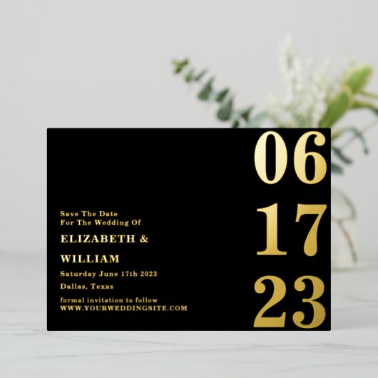 モダンミニマルシンプル黒と金ゴールド保存日付 箔招待状 (立ち正面)