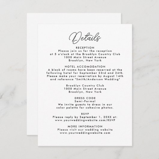 モダンミニマルシンプルWebサイト結婚式RSVP詳細 エンクロージャーカード (正面/裏面)