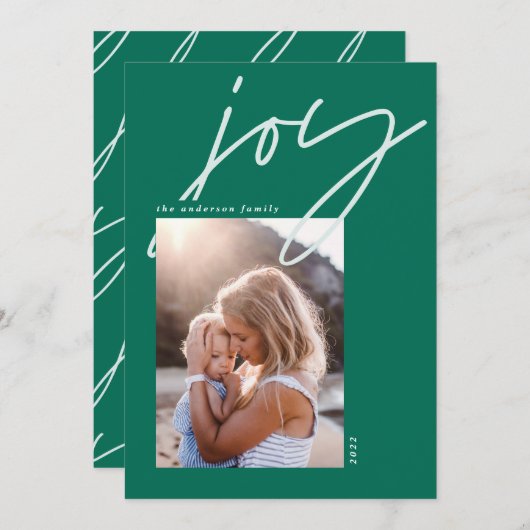 モダンミニマルスクリプトjoy 1写真グリーンホリデー シーズンカード (正面/裏面)