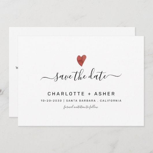 モダンミニマルタイポグラフィーとハートの結婚式予告 セーブザデート (正面/裏面)