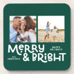 モダンミニマルタイポグラフィ2写真Christmas Bev コースター<br><div class="desc">すべては穏やかではないかもしれないが、すべてはまだ、このおもしろいモダンカラフルのクリスマスデザインで明るい。宇宙付き2つの正方形の写真、色の選択で利用可能。</div>