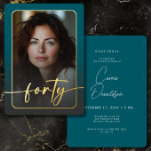 モダンミニマルティール（緑がかった色）写真40番目の誕生日 箔招待状