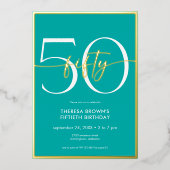 モダンミニマルティール(緑がかった色)50スクリプト誕生日 箔招待状 (正面)