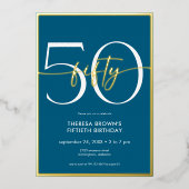 モダンミニマルティール(緑がかった色)50スクリプト誕生日 箔招待状 (正面)