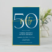モダンミニマルティール(緑がかった色)50スクリプト誕生日 箔招待状 (立ち正面)