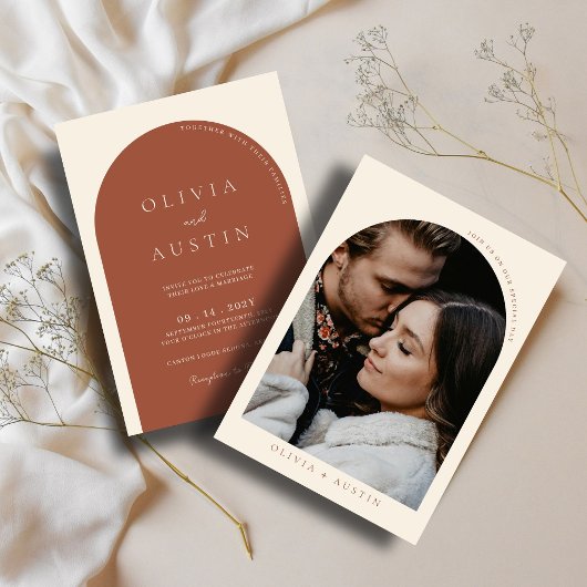 モダンミニマルテラコッタアーチフォトウェディング 招待状