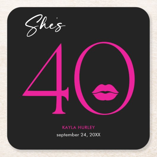 モダンミニマルピンクリップ四十誕生日 スクエアペーパーコースター (正面)