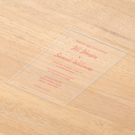 モダンミニマルピンク結婚スクリプト アクリル招待状 (レイダウン)