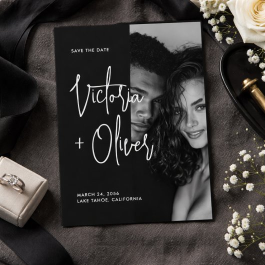 モダンミニマルブラックアンドホワイトスクリプトフォト セーブザデート