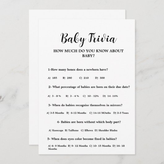 モダンミニマルベビートリビア赤ちゃんシャワーゲームカード 招待状 (正面/裏面)