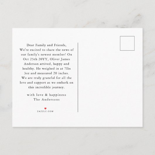 モダンミニマルベビー写真Thank You Scriptハート 案内ポストカード (裏面)