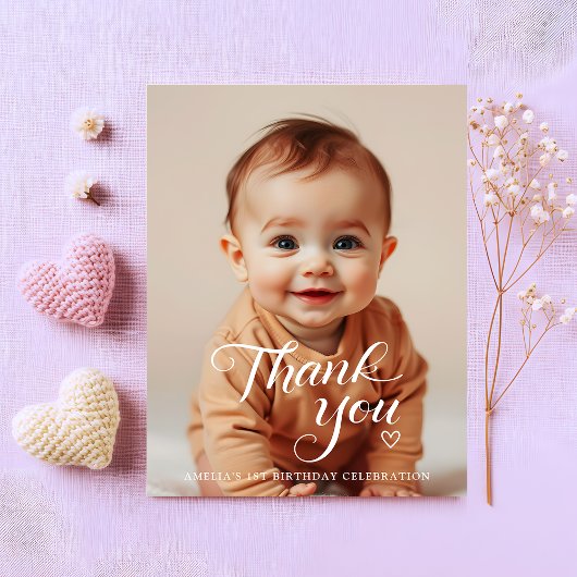 モダンミニマルホワイトスクリプト誕生日フォト サンキューカード