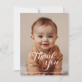 モダンミニマルホワイトスクリプト誕生日フォト サンキューカード (正面)