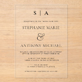 モダンミニマルモノグラム白黒結婚ズ アクリル招待状