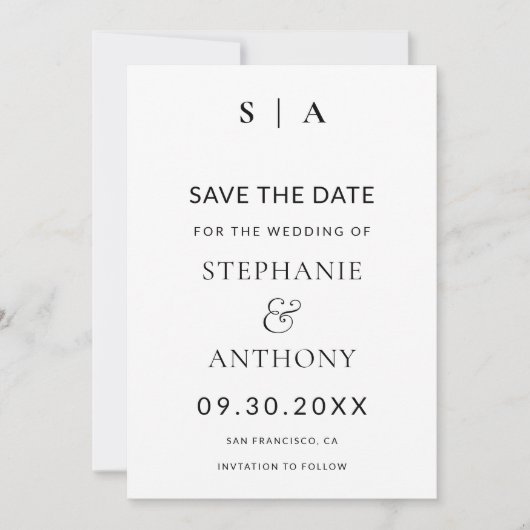 モダンミニマルモノグラム白黒結婚ズ セーブザデート (正面)