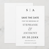 モダンミニマルモノグラム白黒結婚ズ セーブザデート (正面/裏面)