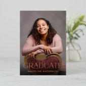 モダンミニマル卒業写真バラ金ゴールド 箔招待状 (立ち正面)