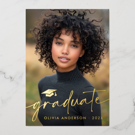 モダンミニマル台写真の卒業実在 箔招待状 (正面)