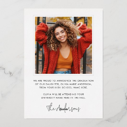 モダンミニマル台写真の卒業実在 箔招待状 (裏面)