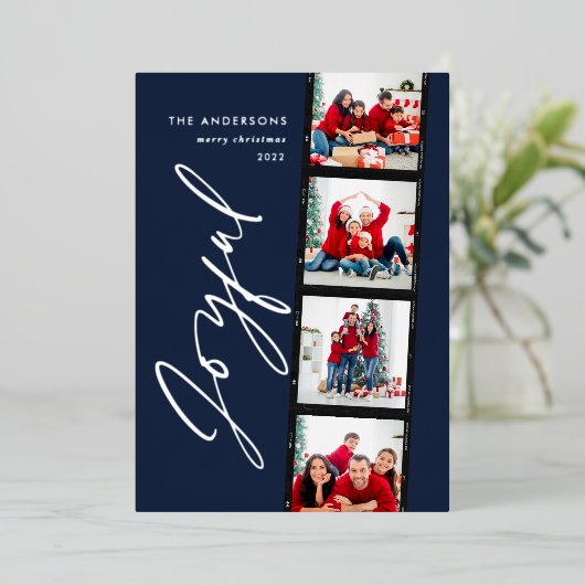 モダンミニマル数々の写真クリスマスブルー 箔シーズンカード (立ち正面)