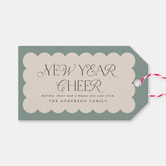 モダンミニマル新年セージ緑レトロ波端 ギフトタグ (正面(横))