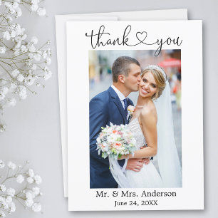 モダンミニマル書道ハート写真結婚の サンキューカード