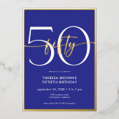 モダンミニマル王室のBlue Fiftyスクリプト誕生日 箔招待状 (正面)