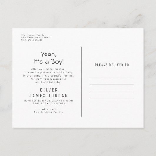 モダンミニマル男の赤ちゃん誕生発表写真 ポストカード (裏面)