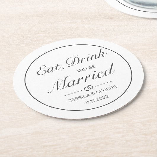 モダンミニマル白結婚黒 ラウンドペーパーコースター (アングル)