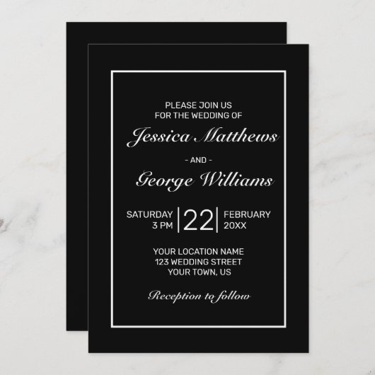モダンミニマル白結婚黒 招待状 (正面/裏面)
