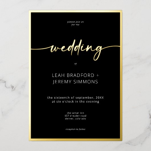 モダンミニマル白黒結婚スクリプト 箔招待状 (正面)