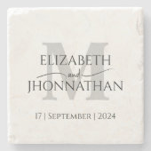 モダンミニマル結婚リストの灰色モノグラム文字 ストーンコースター (正面)