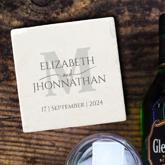 モダンミニマル結婚リストの灰色モノグラム文字 ストーンコースター