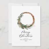 モダンミニマル葉リース平和スクリプト休日 シーズンカード (正面)