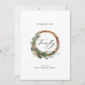 モダンミニマル葉リース平和スクリプト休日 シーズンカード (正面)