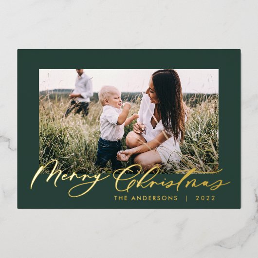 モダンミニマル葉写真エレガント緑 箔シーズンカード (正面)