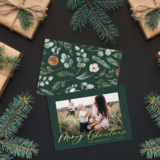 モダンミニマル葉写真エレガント緑 箔シーズンカード