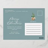 モダンミニマル葉1枚の青エレガント色 箔シーズンポストカード (裏面)