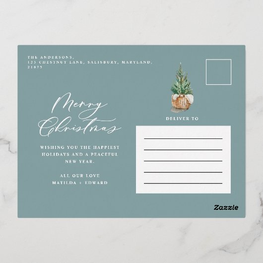 モダンミニマル葉1枚の青エレガント色 箔シーズンポストカード (裏面)