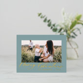 モダンミニマル葉1枚の青エレガント色 箔シーズンポストカード (立ち正面)