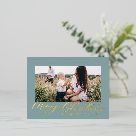 モダンミニマル葉1枚の青エレガント色 箔シーズンポストカード (立ち正面)