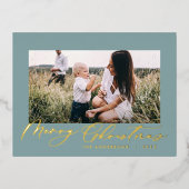 モダンミニマル葉1枚の青エレガント色 箔シーズンポストカード (正面)