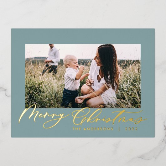 モダンミニマル葉1枚の青エレガント色 箔シーズンポストカード (正面)