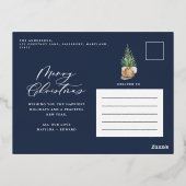 モダンミニマル葉1枚の青エレガント色 箔シーズンポストカード (裏面)