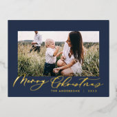 モダンミニマル葉1枚の青エレガント色 箔シーズンポストカード (正面)