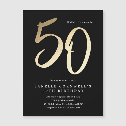 モダンミニマル金ゴールド型50誕生日 マグネット招待状 (正面)